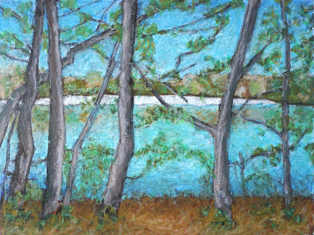 Jojo Wolff: Der weiße Strand am See (11-2022) Acryl und Ölpastell 30x40 cm