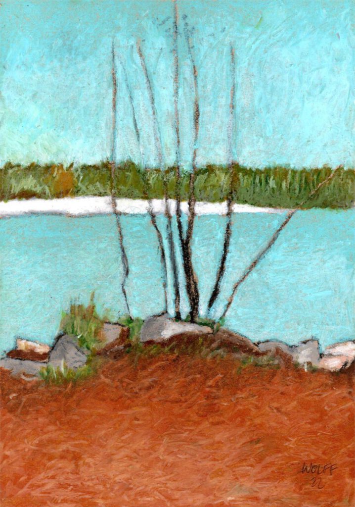 Jojo Wolff: Otto Maigler See Hürth, Der weiße Strand am See 4. November 2022 Ölpastell 21x30 cm