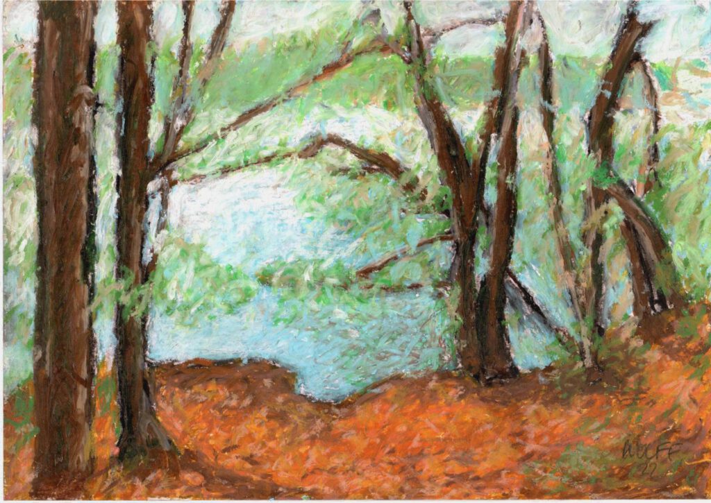 Jojo Wolff: Herbstmorgen am Hürther Waldsee, Oktober 2022 Ölpastell auf Karton ca. 18x24cm