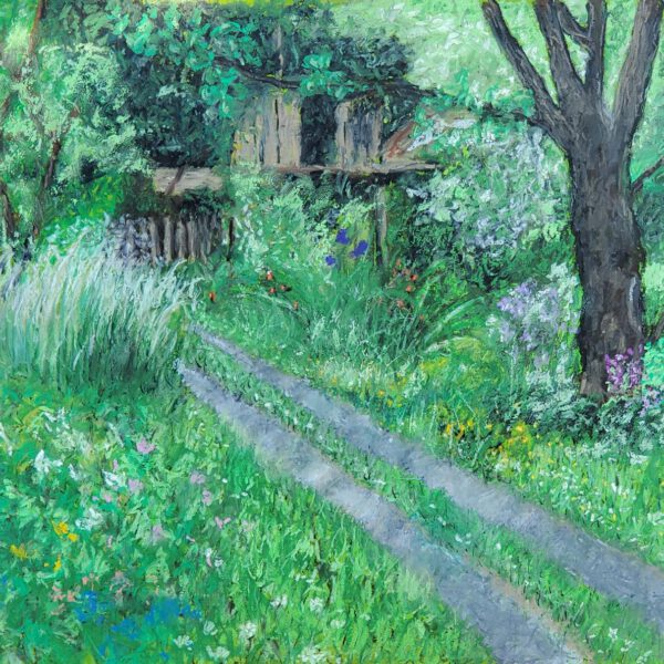 Garten mit Baumhaus 26.05.2023, Ölpastell 50x60cm