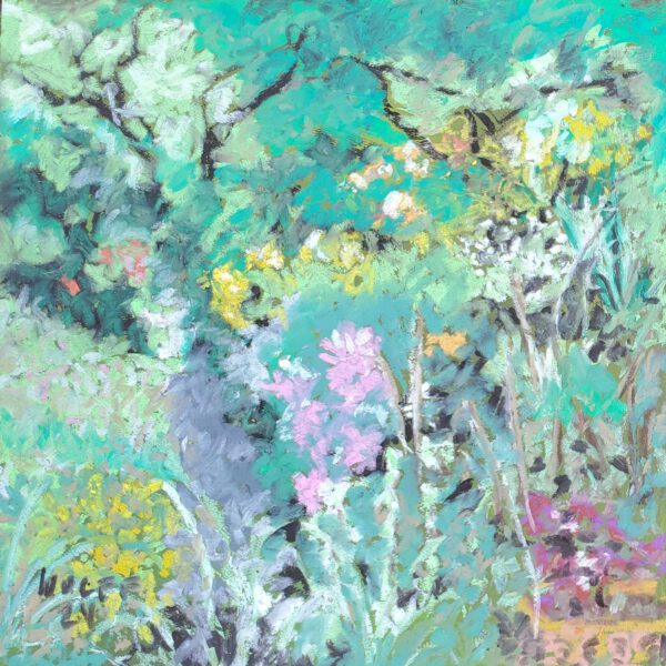 Gartenstück 27. Juni, Abends, Ölpastell 30x30cm