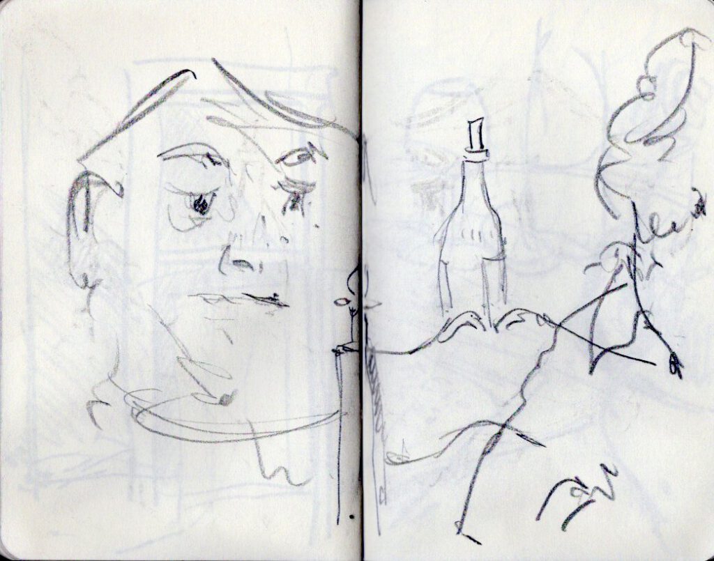 Skizzenbuch Camaret, Bernadette am Tisch, September 2023