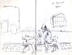 Skizzenbuch Ligurien, Parkbank in Noli, 19. Januar 2024