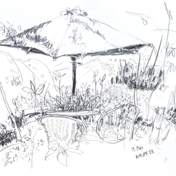 Sonnenschirm am Teich, 13. Mai, Bleistift ca. 30x40cm