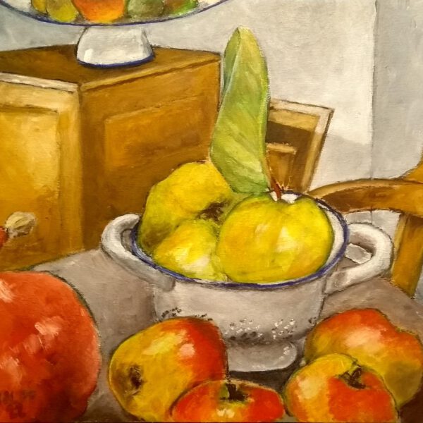 Stillleben mit Äpfeln und Quitten, 2. Oktober 2022, Acryl auf Holz, ca. 30x30cm