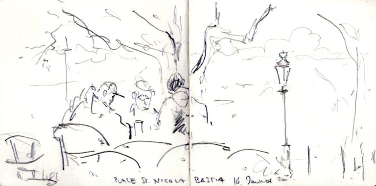 Jojo Wolff: Skizzenbuch Korsika/Nizza 2025, 16. Januar, Place St. Nicola, Bastia