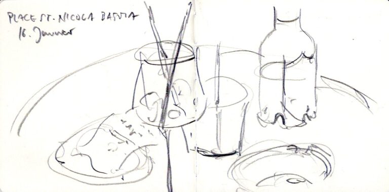 Jojo Wolff: Skizzenbuch Korsika/Nizza 2025, 16. Januar, Place St. Nicola, Bastia