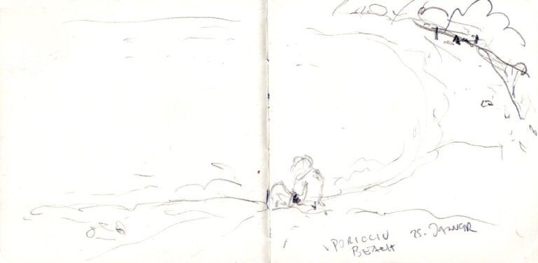 Jojo Wolff: Skizzenbuch Korsika/Nizza 2025, 25. Januar, Porticcio Beach