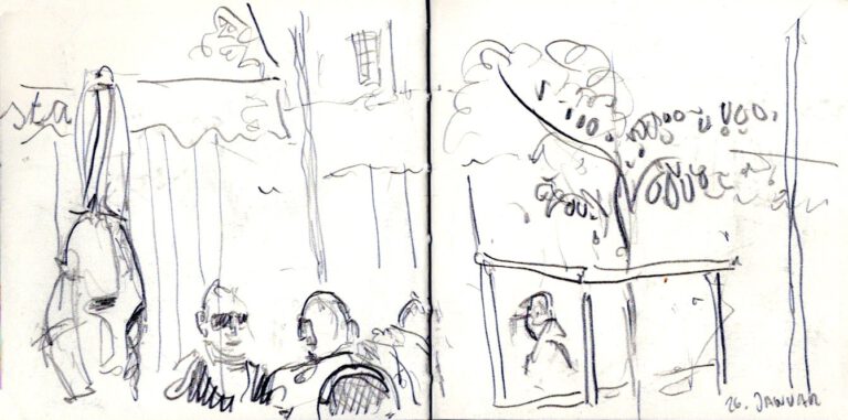 Jojo Wolff: Skizzenbuch Korsika/Nizza 2025, 26. Januar, Ajaccio, Place Foch
