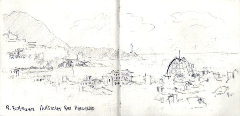 Jojo Wolff: Skizzenbuch Korsika/Nizza 2025, 9. Februar, Nizza, Aussicht bei Philine