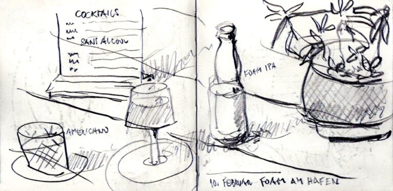 Jojo Wolff: Skizzenbuch Korsika/Nizza 2025, 10. Februar, Nizza, Foam am Hafen