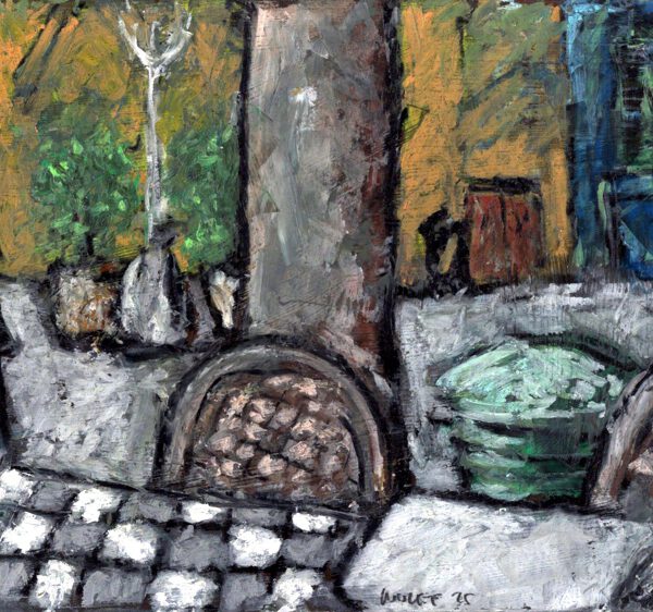 Jojo Wolff 2025: Bastia Cafe Bernard, Ölpastell, 20x30cm