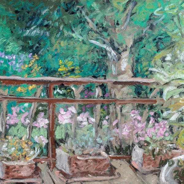 Jojo Wolff 2024: Balkon 26. Juli, Ölpastell 22,5x31,5cm