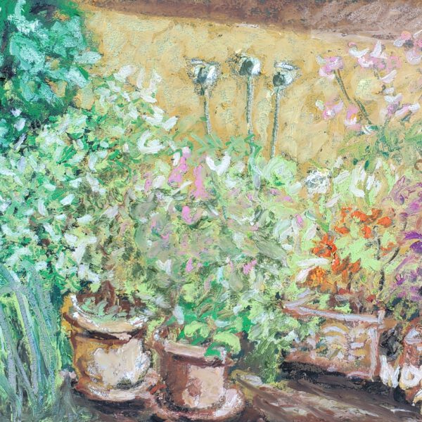 Jojo Wolff 2024: Terrasse 20. Juli, Ölpastell 22,5x31,5cm