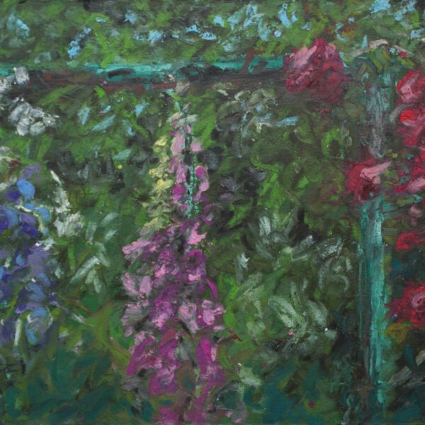 Jojo Wolff 2025: 2. Juni, Rose und Fingerhut, Ölpastell 15x21cm