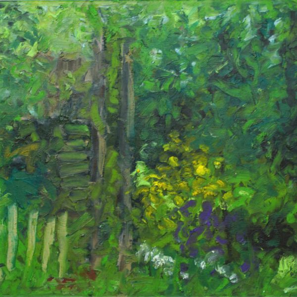 Jojo Wolff 2025: 3. Juni, Garten Richtung Baumhaus, Ölpastell 14x20cm