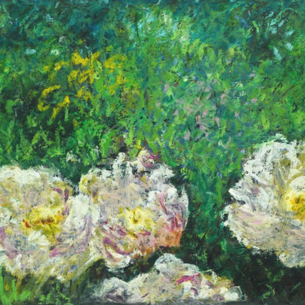 Jojo Wolff 2025: Pfingsrosen am Teich, Ölpastell 21x30cm