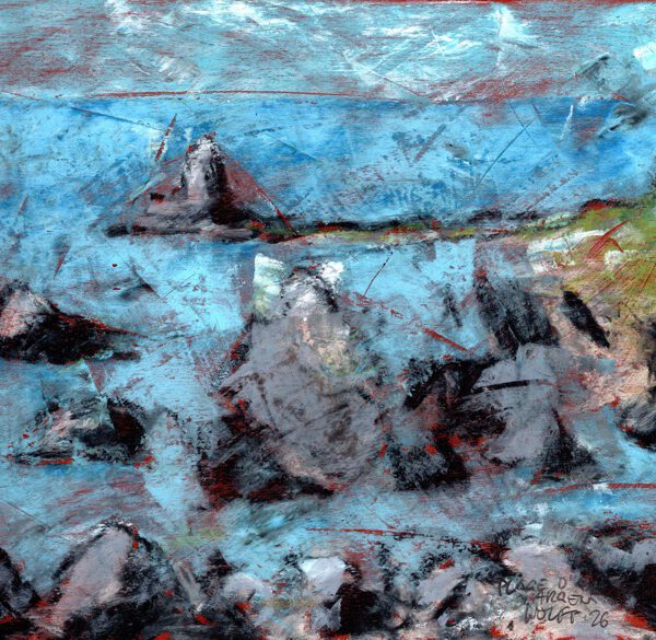 Jojo Wolff 2026: Plage d'Argent, Ölpastell auf Holz, 21x29,7cm