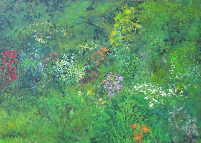 Jojo Wolff 2025: Hügelbeet im Juni, Acryl auf Leinwand, 50x70cm